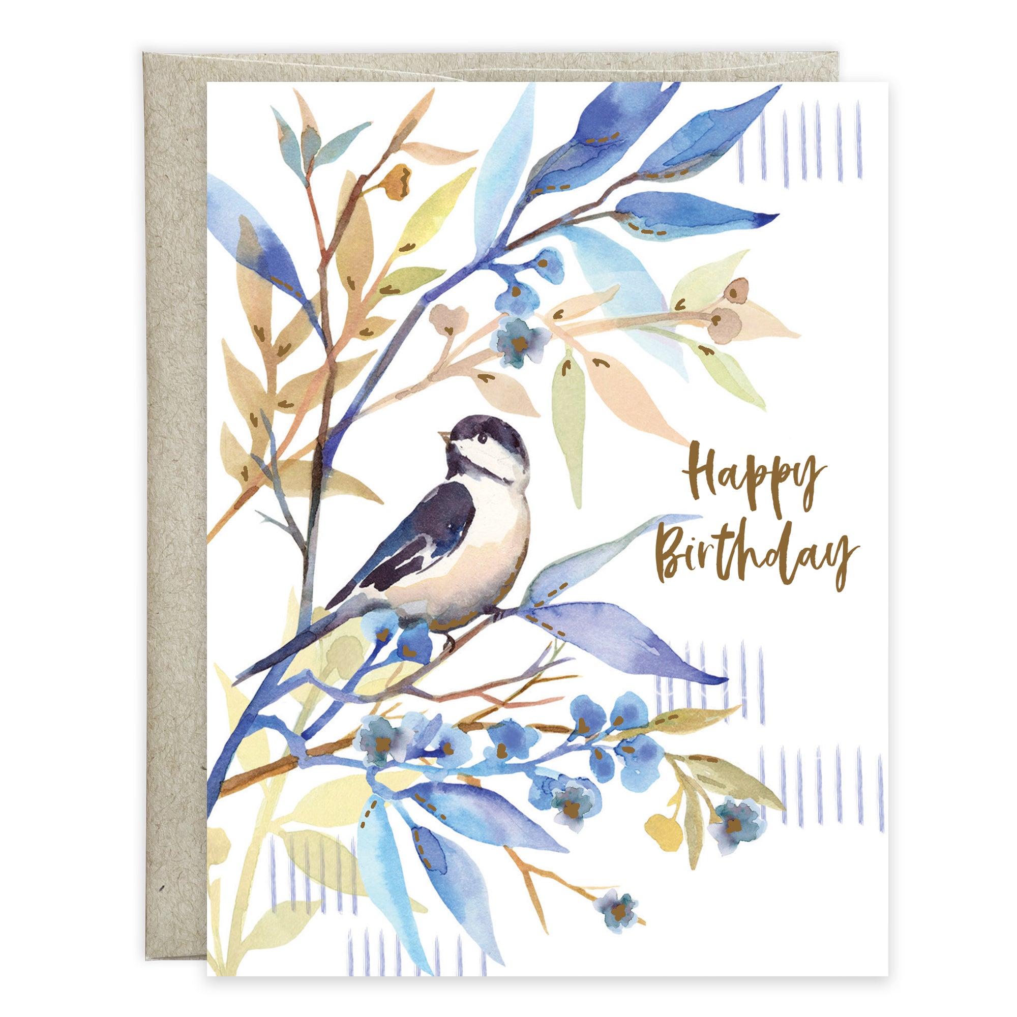 Birthday card -Bird/Blue Leaves