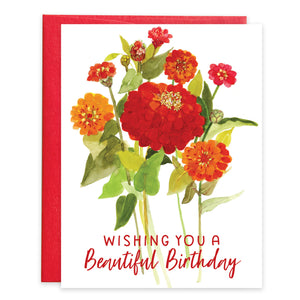 Birthday card - Red Zinnias