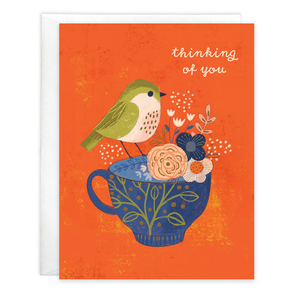 Thinking of You card  - Bird on Tea Cup