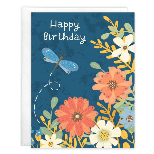 Birthday card  - Dragonfly and Flowers