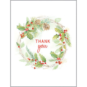 Blank Thank You Note Card  - Pine/Holly Wreath, Gina B Designs