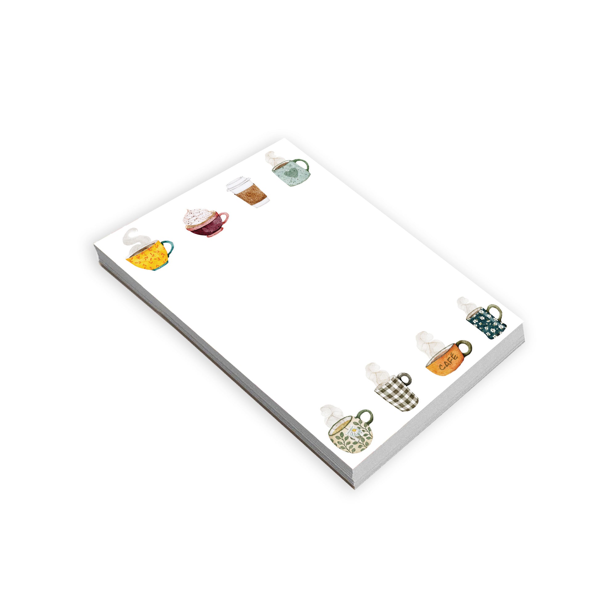Notepad with coffee cups on a white background