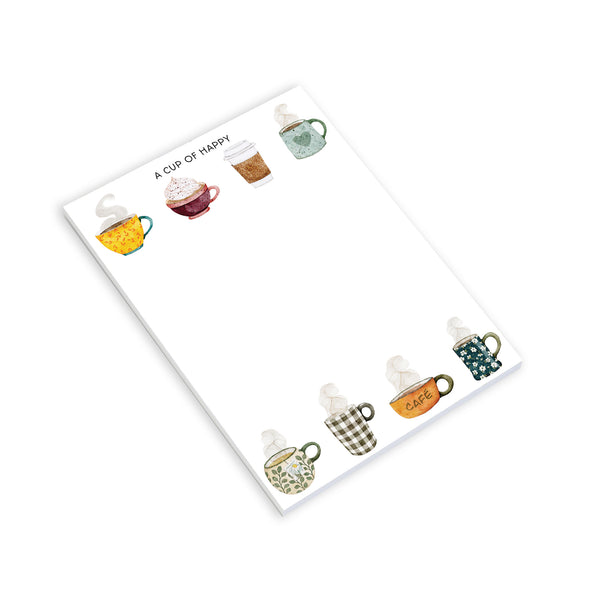 Notepad with illustrations of colorful mugs on a white background