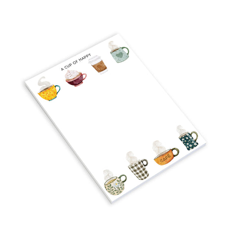Notepad with illustrations of colorful mugs on a white background