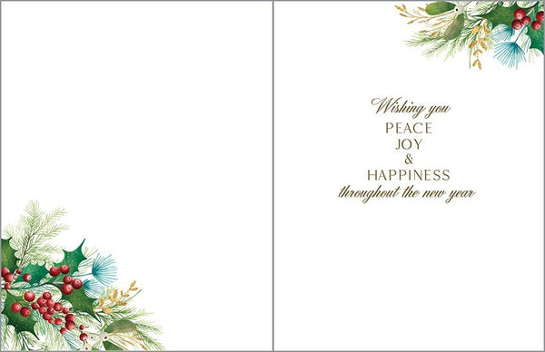 Gina B Designs Christmas card featuring mistletoe, red berries, and gold foil text inside a white greeting card.