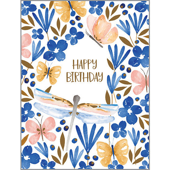 Birthday card - Wings and Blue Flowers, Gina B Designs