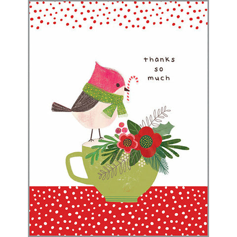 Blank Thank You Note Card  - Christmas Bird on Cup, Gina B Designs