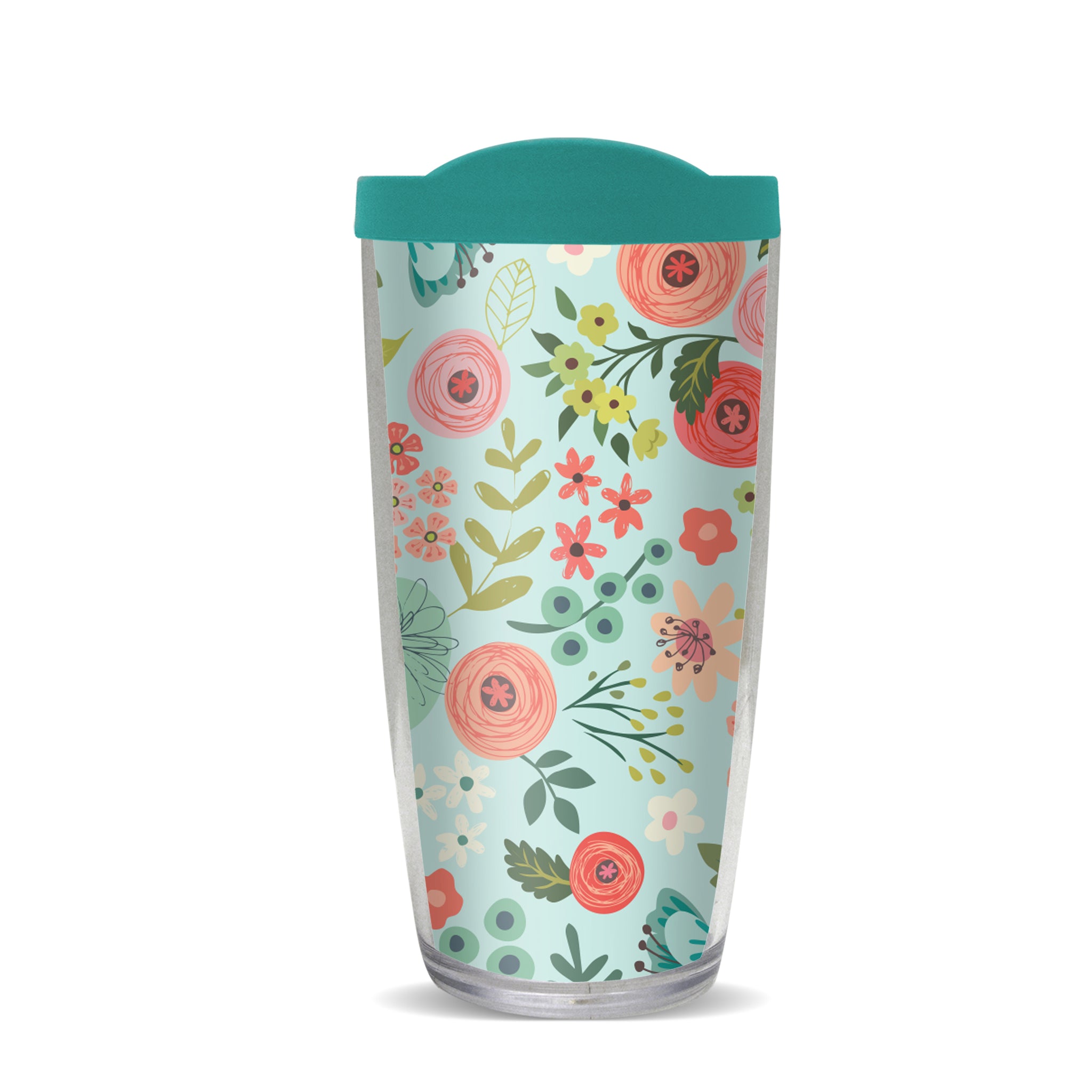Coral Light Blue Flowers Thermal Tumbler, Gina B Designs